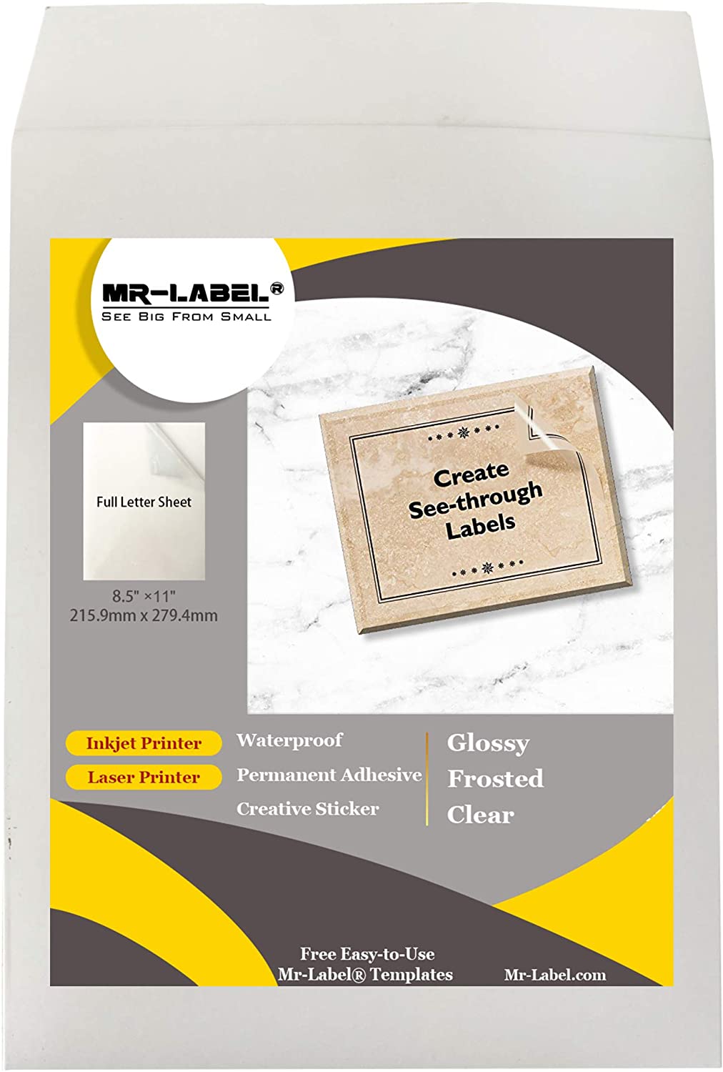 Mr-Label – Glossy Translucent Waterproof Sticker Paper – Permanent Adhesive  Full Letter Sheet Label – Inkjet and Laser Print – for Packaging, Clear  Product Labels
